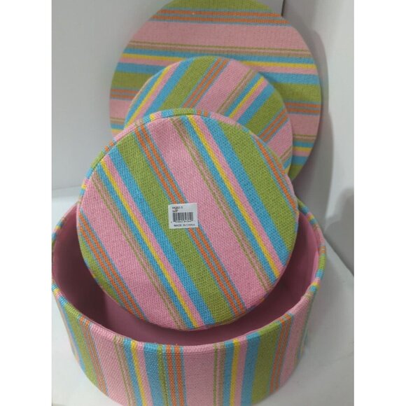 Set/ 2 Nesting Boxes Fabric Covered Round Stripe Pink Lime Aqua Yellow - Picture 5 of 13